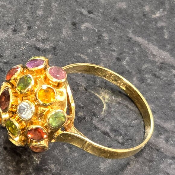 Vintage 18kt Yellow Gold Sputnik Multicolor Gemstone Cluster Ring Size 5.5 HS179 - Picture 7 of 16